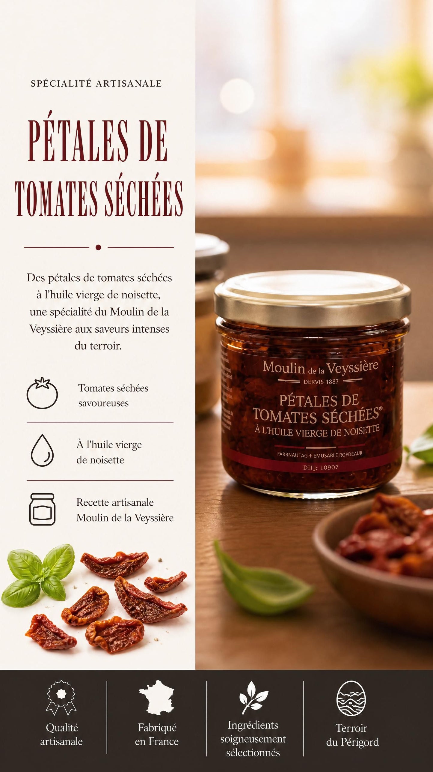 Pétales de Tomates Séchées à l'Huile Vierge de Noisette 110g