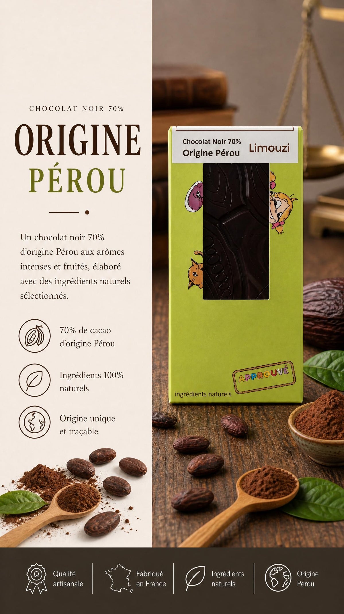 Tablettes de chocolat noir 70% origine Pérou 100g