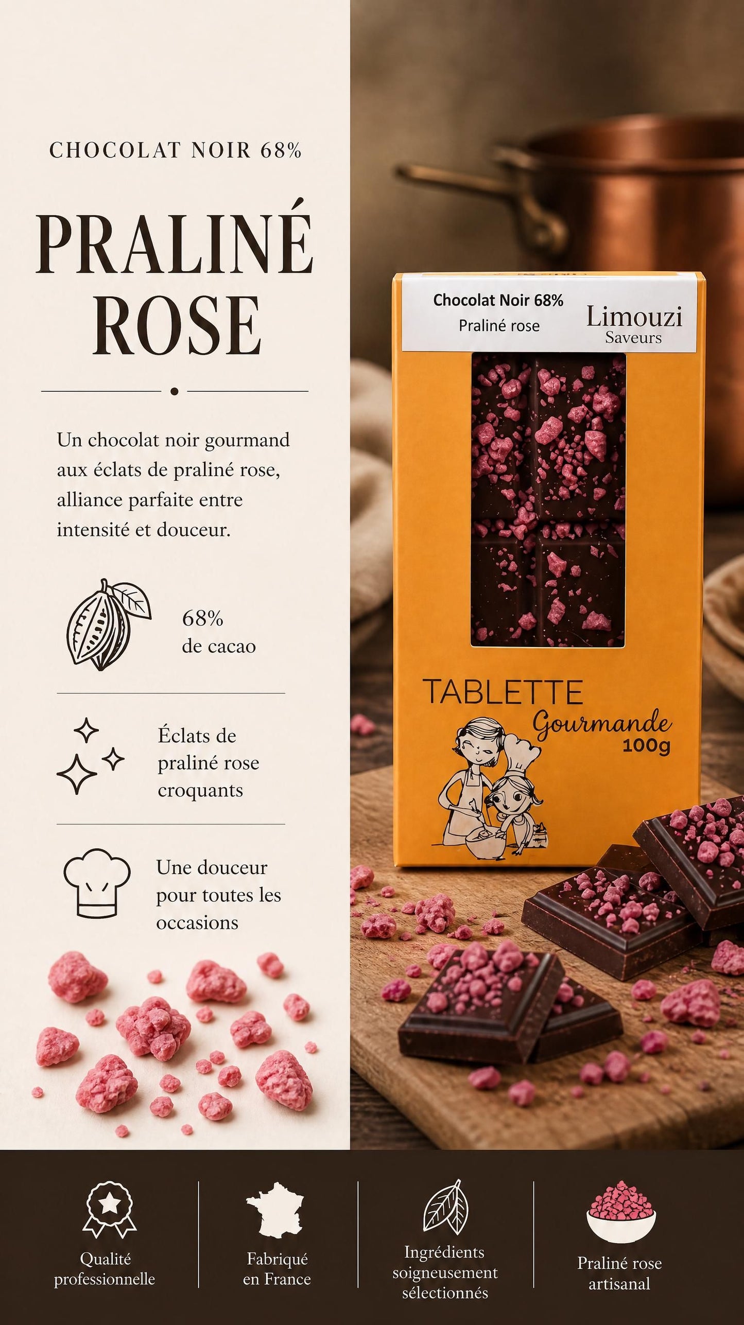 Tablette Chocolat Noir 66% Praliné Rose 100g
