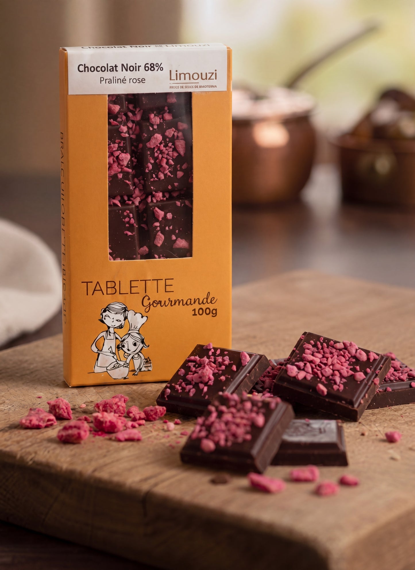 Tablettes de chocolat noir 66% praline rose 100g