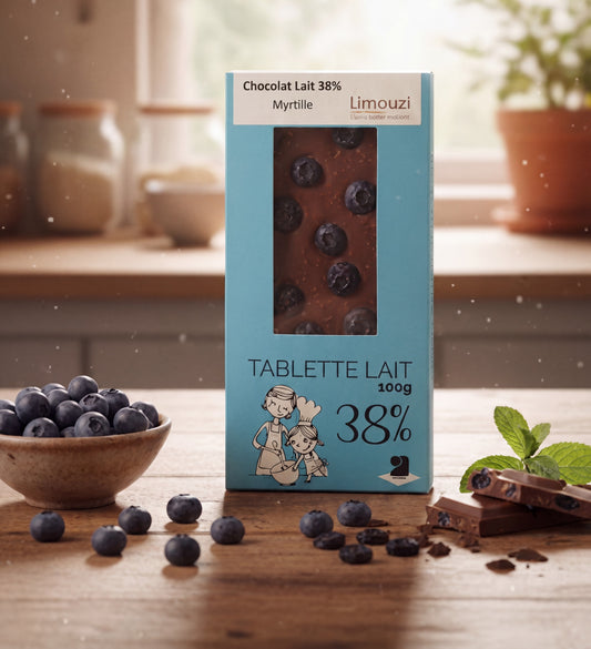 Tablettes de chocolat lait 38% myrtille 100g