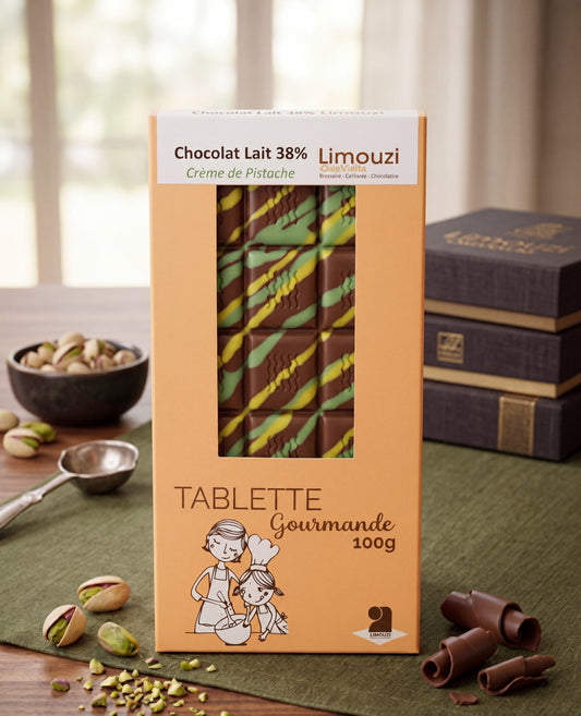 Tablettes de chocolat lait 38% crème de Pistache 100g