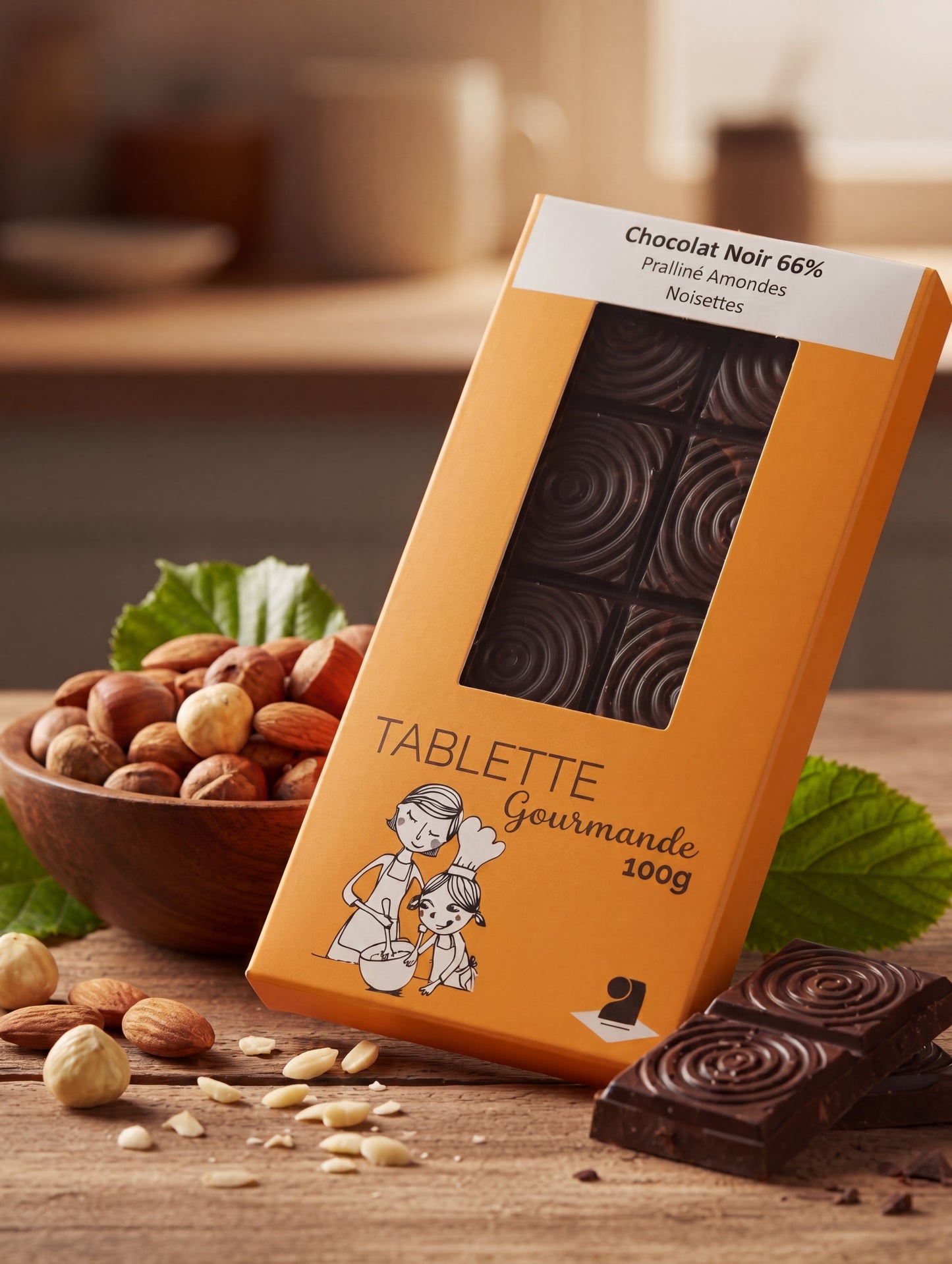 Tablettes de chocolat noir 66% praliné amandes noisettes 100g