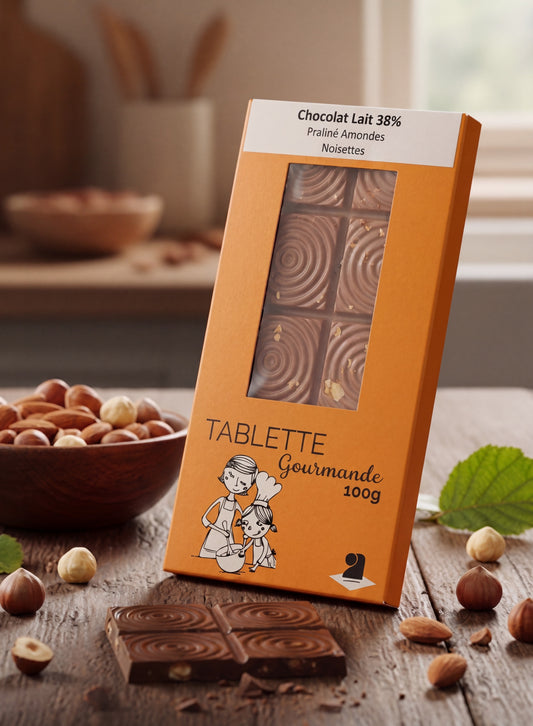 Tablettes de chocolat lait 38% praliné amandes noisettes 100g
