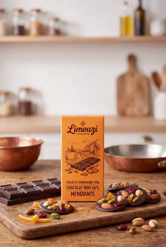 Tablettes de chocolat noir 66% mendiants 100g