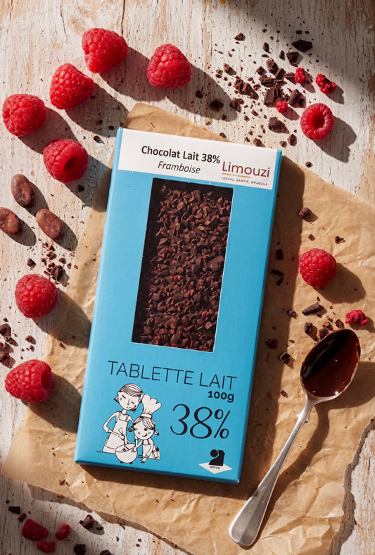 Tablettes de chocolat lait 38% framboise 100g