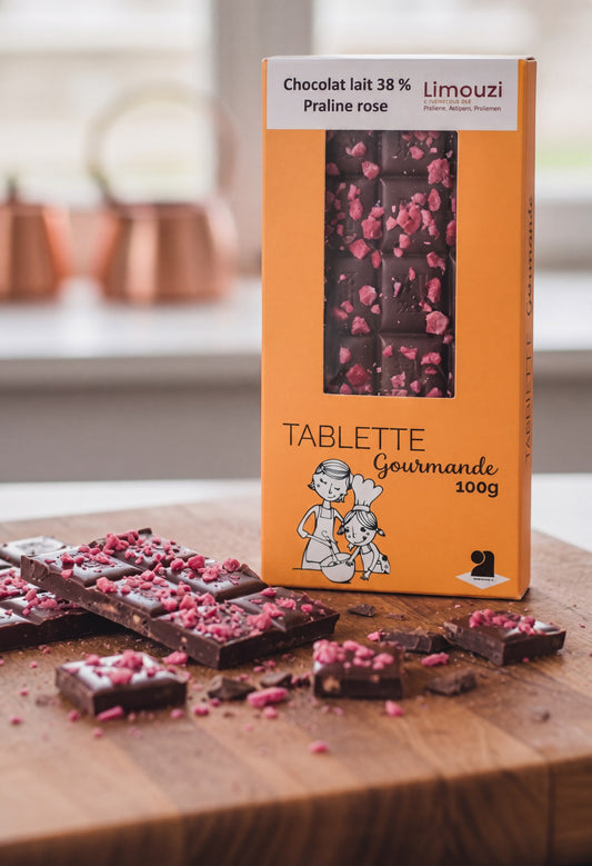 Tablettes de chocolat lait 38% praline rose 100g