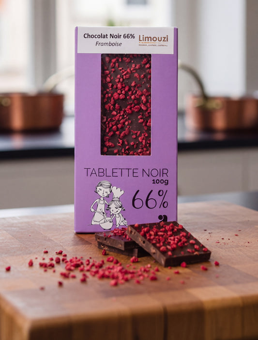 Tablettes de chocolat noir 66% framboise 100g