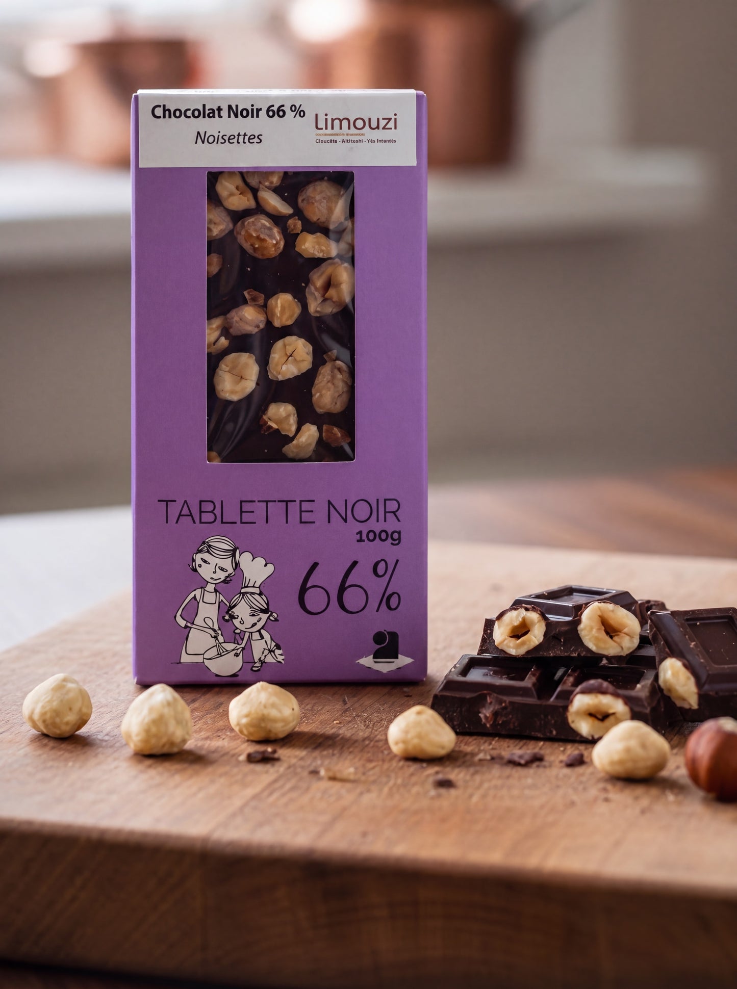 Tablettes de chocolat noir 66% noisette 100g