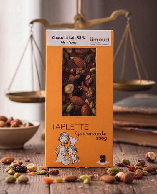 Tablettes de chocolat lait 38% mendiants 100g