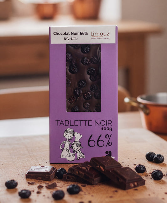 Tablettes de chocolat noir 66% myrtille 100g