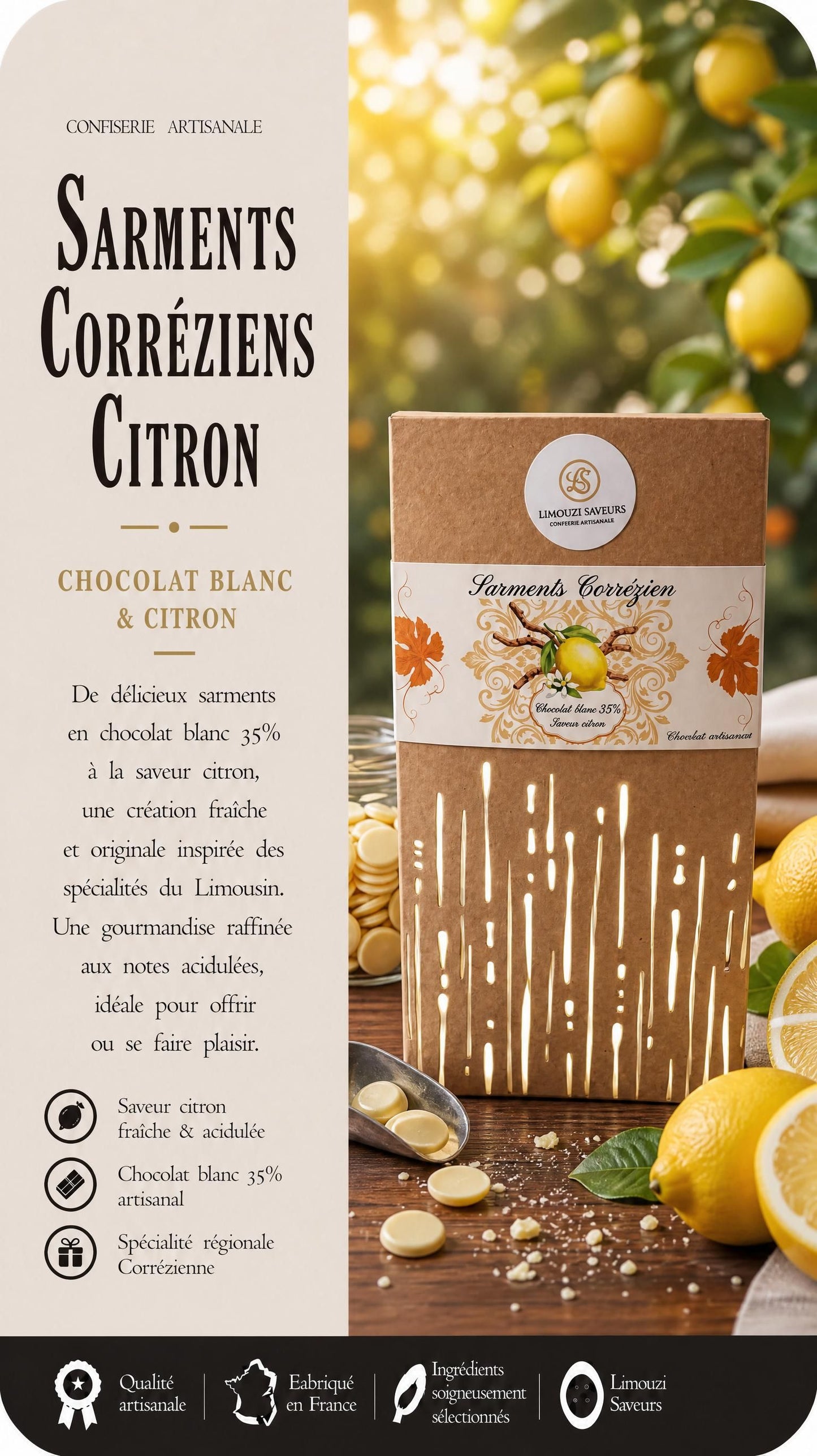 Sarments Corréziens Citron — Chocolat Blanc 35% 80g