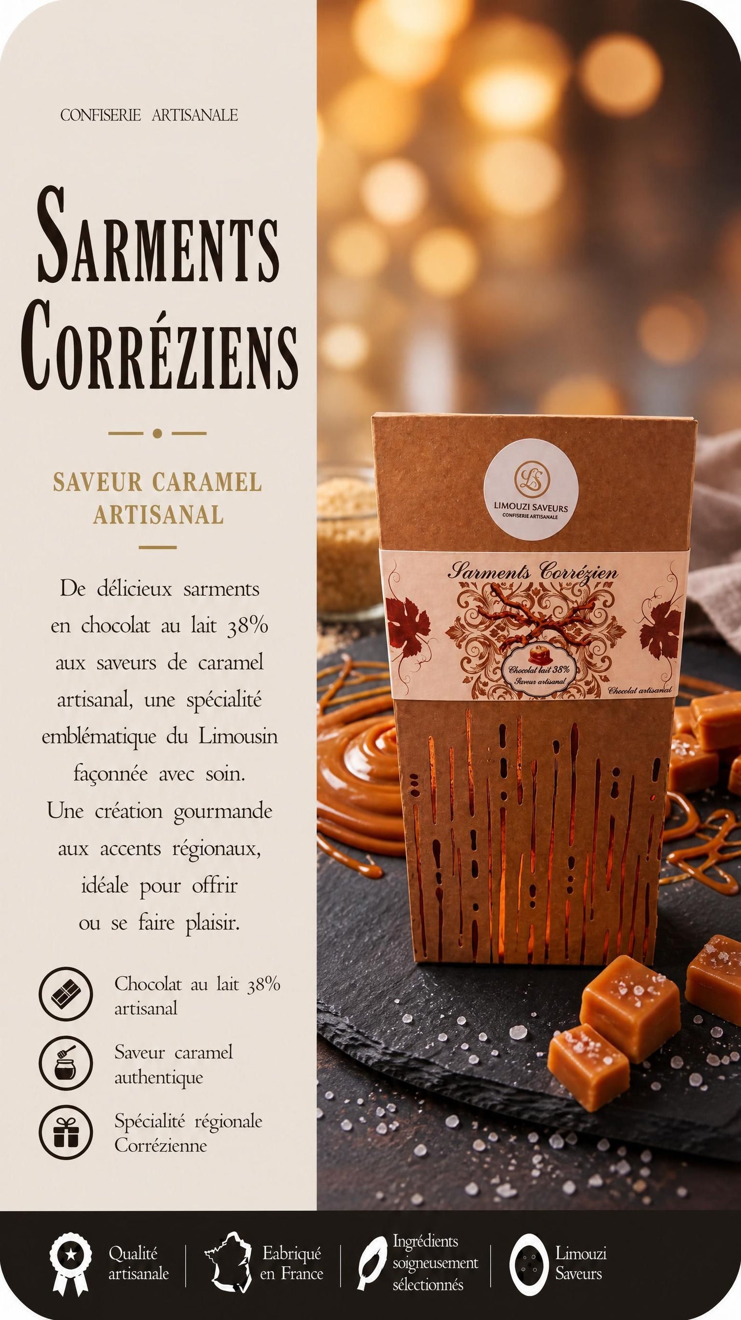 Sarments Corréziens Caramel — Chocolat au Lait 38% 80g