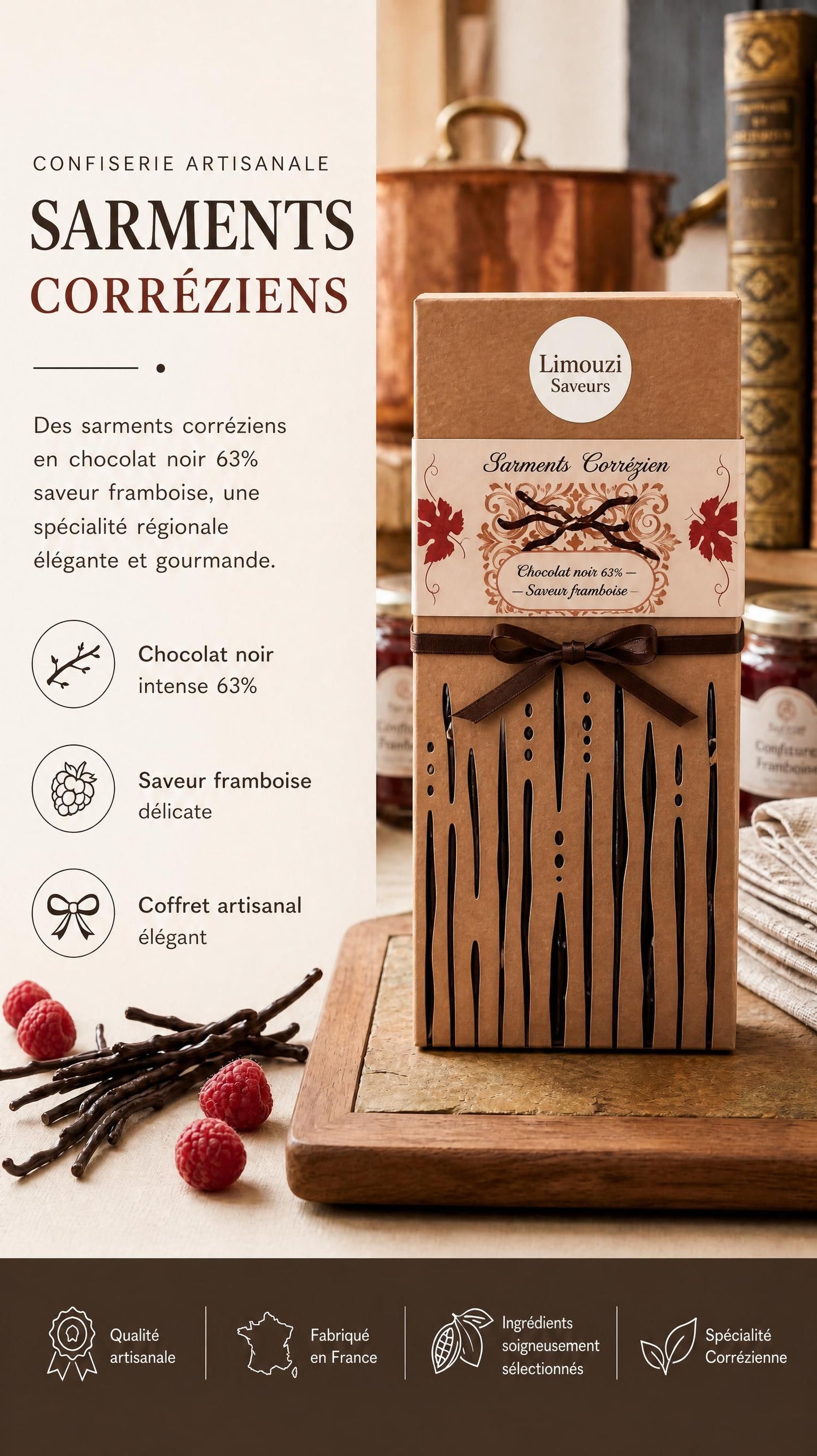 Sarments Corréziens Framboise — Chocolat Noir 68% 80g