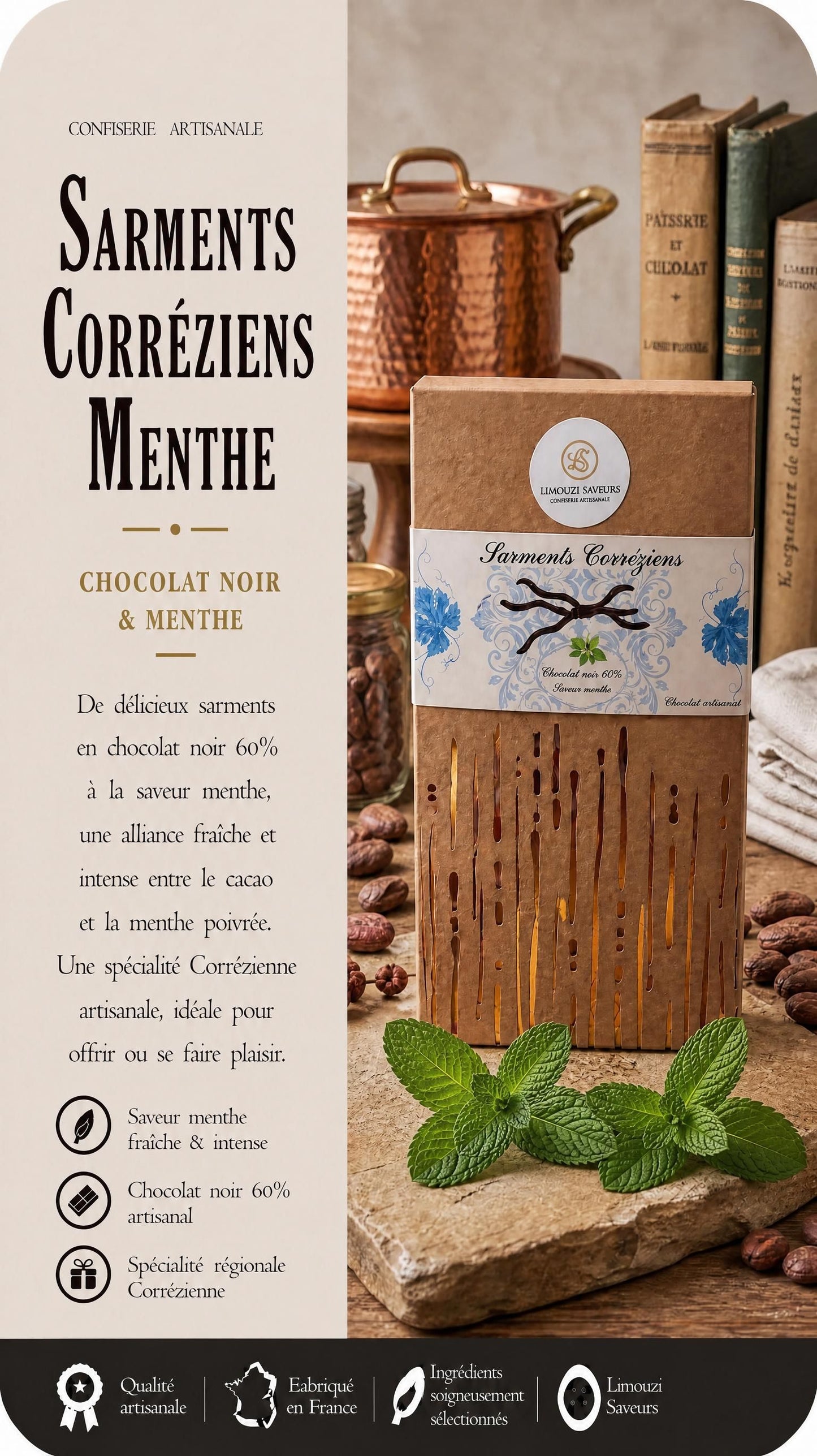 Sarments Corréziens Menthe — Chocolat Noir 68% 80g