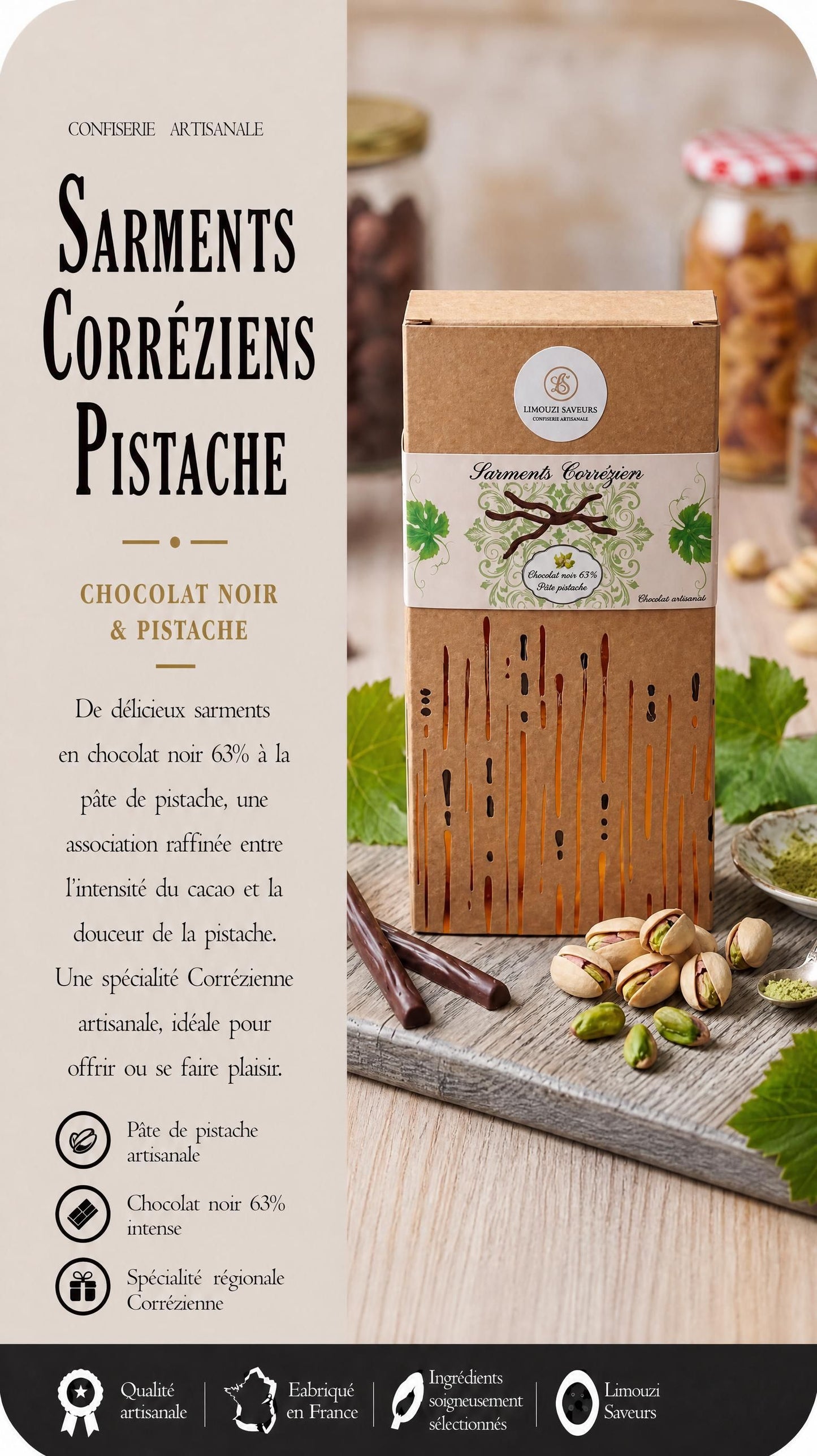 Sarments Corréziens Pistache — Chocolat Noir 68% 80g