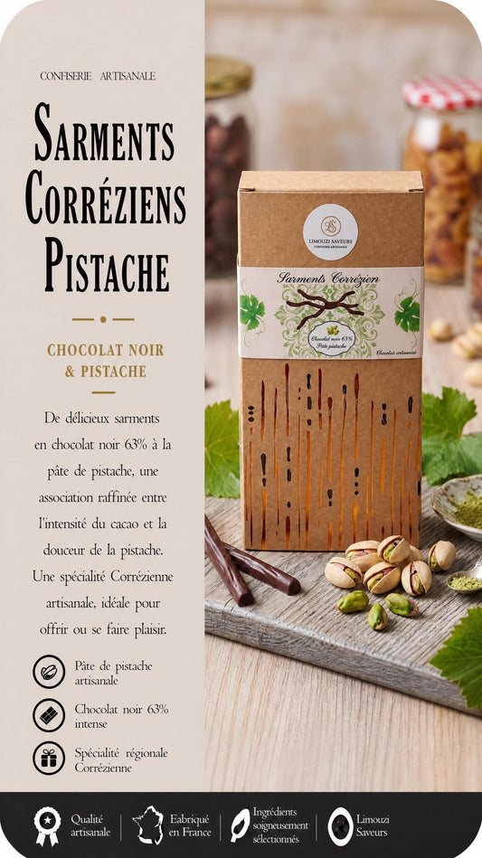 Sarments Corréziens Pistache — Chocolat Noir 68% 80g