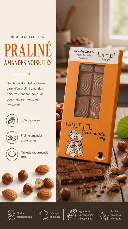 Tablette Chocolat Lait 38% Praliné Amande Noisette (Fourré) 100g