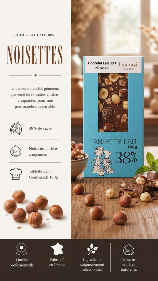 Tablette Chocolat Lait 38% Noisette 100g